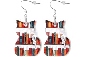 Cat Book Earrings, Clear Acrylic Cat Bookcase Dangle Earrings Bookshelf Accessories Pet Reading Book Stack Drop Dangle Gifts 