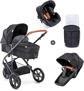 Hauck Pacific 3 Shop N Drive Kombikinderwagen 6 teilig bis 18 kg + Babyschale + Babywanne umbaubar zur wendbaren Sitzeinheit mit Beindecke, leicht, verstellbarer Griff, extra große Räder, schwarz