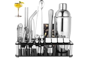 Cocktail Shaker Set, 25-Piece Stainless Steel Bartender Kit with Acrylic Stand & Cocktail Recipes Booklet, Professional Bar T