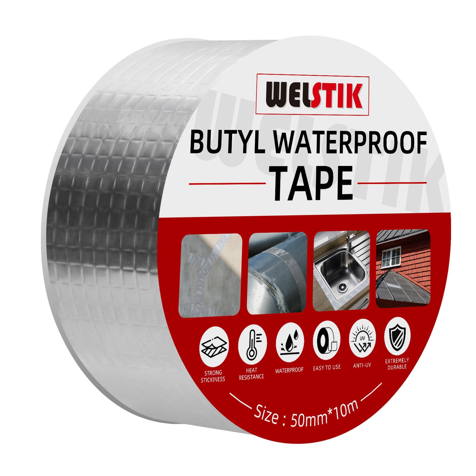 WELSTIK Butyl Tape Waterproof Sealing Tape,for RV Repair, Window, Silicone, Boat and Pipe Sealing, Glass & EDPM Rubber Roof Patching, Silver (5cm x 10m)