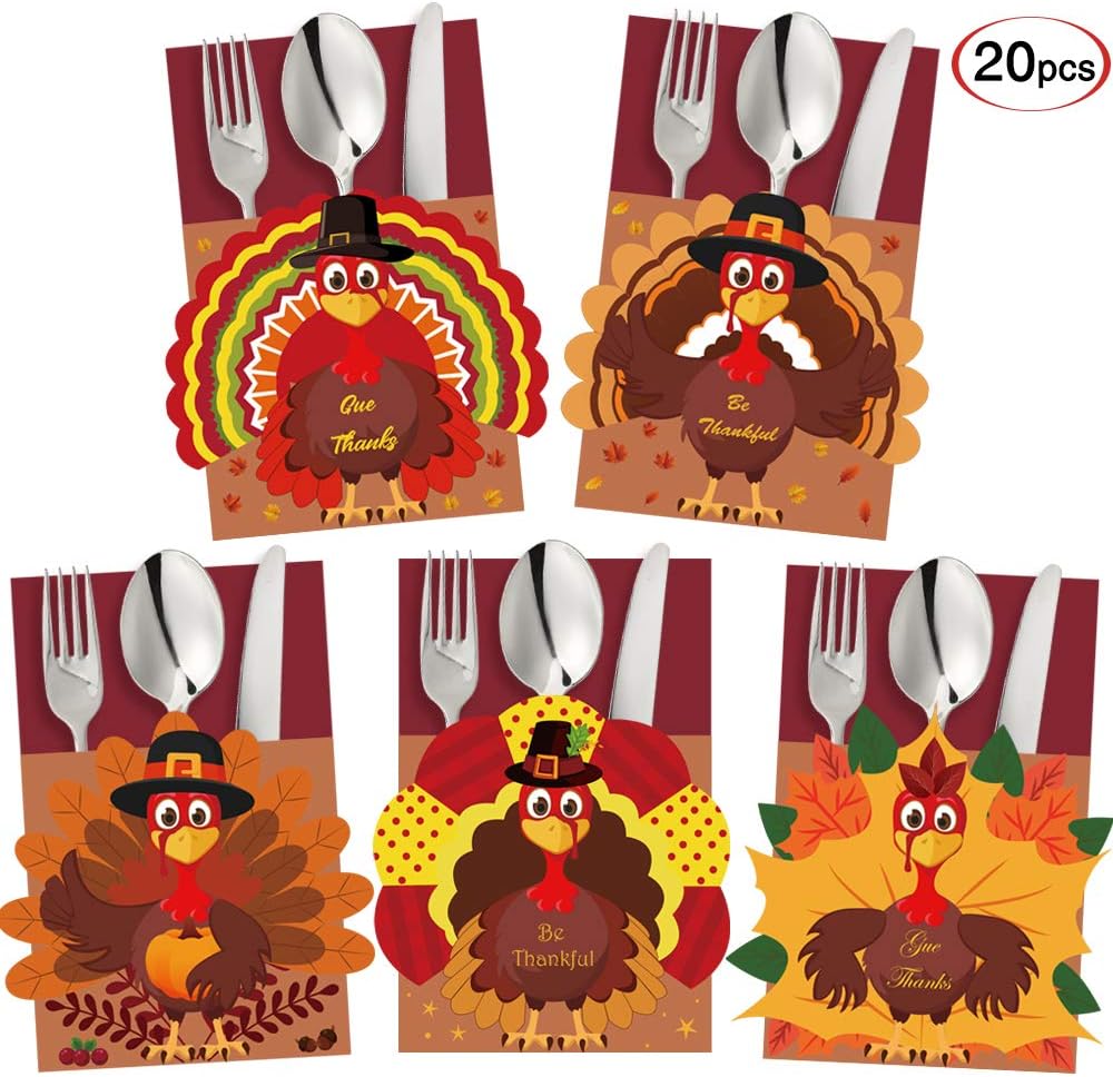FUNARTY 20pcs Thanksgiving Cutlery Holder Set for Thanksgiving Turkey Utensil Decor, Autumn Fall Harvest Party Favor Supply Table Decoration: Home & Kitchen