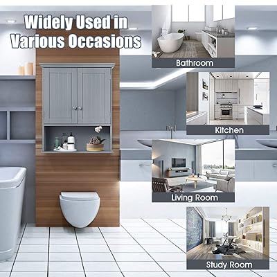 Buy Goflame Bathroom Wall Cabinet 2 Door Toilet Cabinet With Hanging Design Wooden Medicine Cabinet With Height Adjustable Shelf Wall Mount Cabinet With Large Storage Space Gray Online In Indonesia B08hwmnvn2