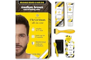 Cleverman Hair & Beard Dye Kit for Men, All-in-One Reusable Mens Hair Color, Natural Gray Coverage, Ammonia-Free Beard Mustache Dye for Men (Medium Brown)