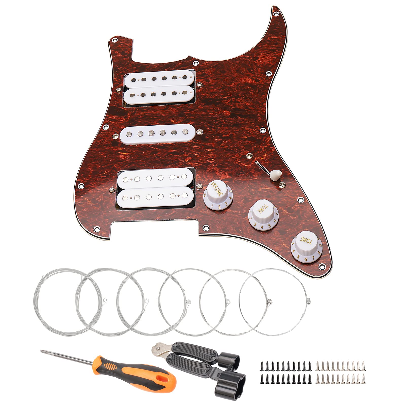 Unxuey 11 Hole Loaded Prewired Pickguard Guard Plate with White HSH Pickup Parts for Fender Strat Guitar, with Guitar Strings and Installation Tool