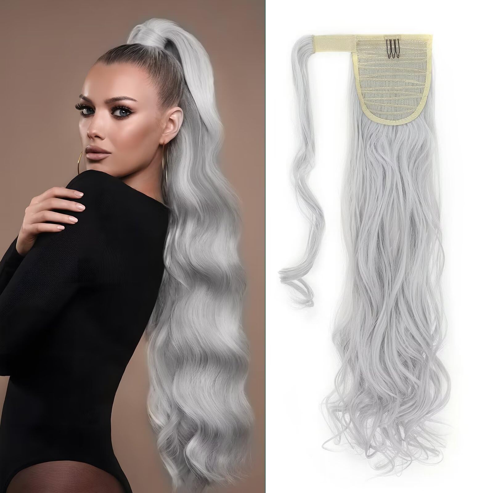 Wrap Around Ponytail Hair Extension 24inch Long Curly Pony Tail Hairpiece Synthetic Fiber (Silver Grey) — image 1