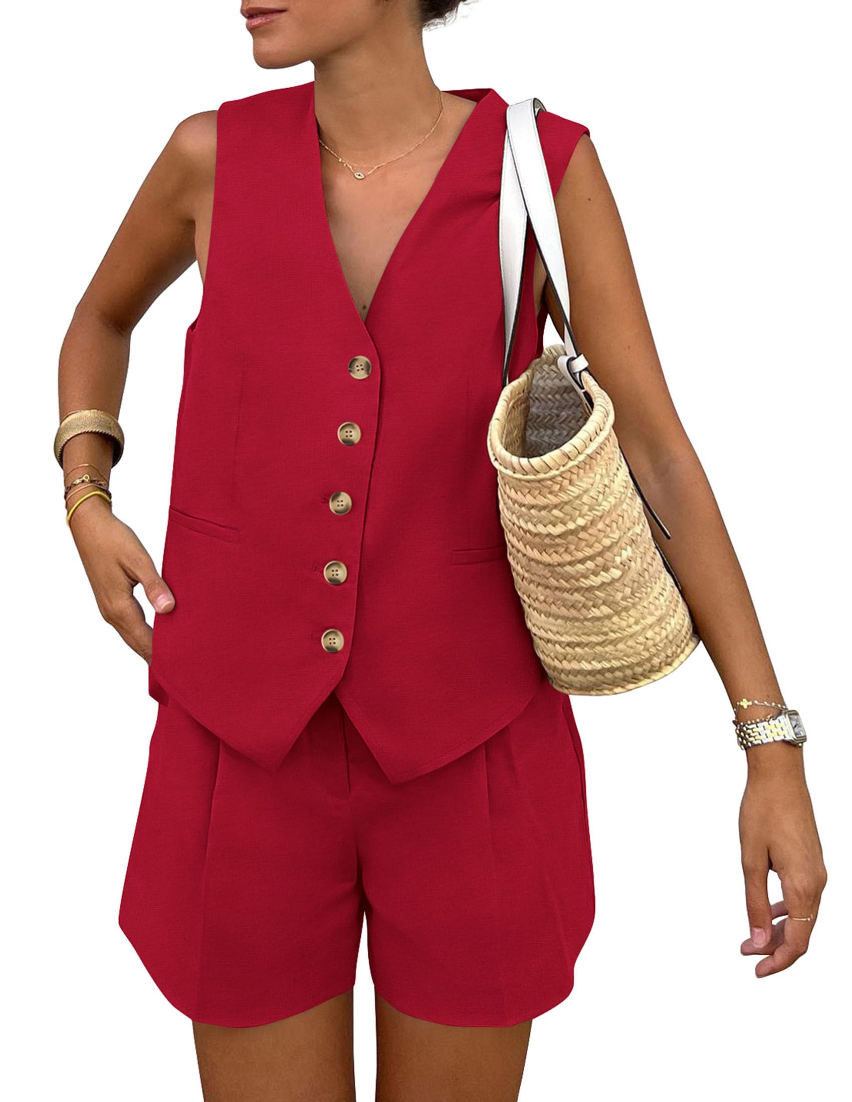 Photo 1 of PRETTYGARDEN Women's Summer 2 Piece Outfits Sleeveless Matching Sets Button Down V Neck Vest Waistcoat and Pockets Shorts (Red,Large)