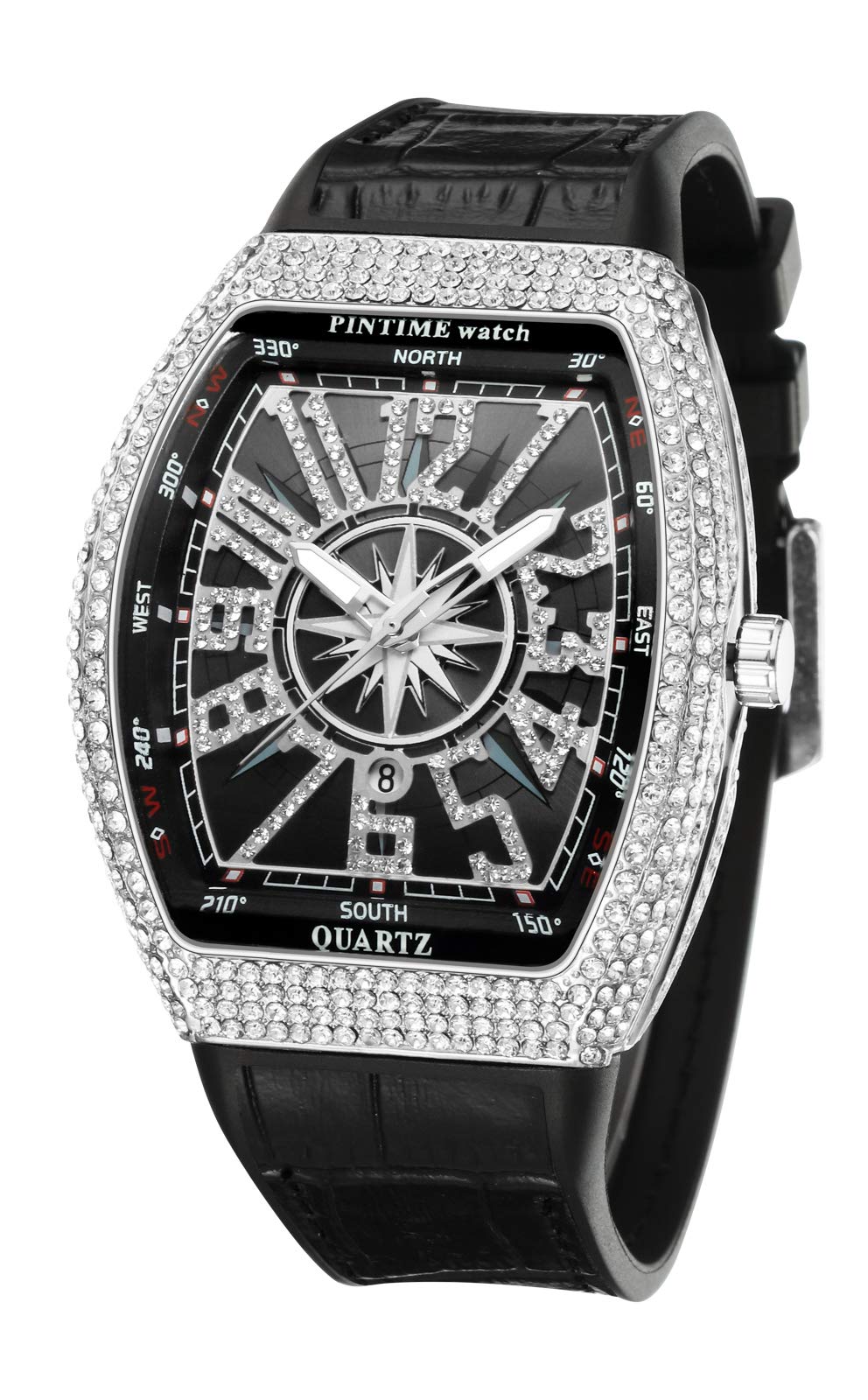PINTIME Luxury Mens Crystal Diamond Watch Tonneau Fashion Bling Iced Out Waterproof Quartz Analog Wrist Watch for Men Leather Strap Hip Hop Rapper, Silver Black, Black Strap Luxury watch