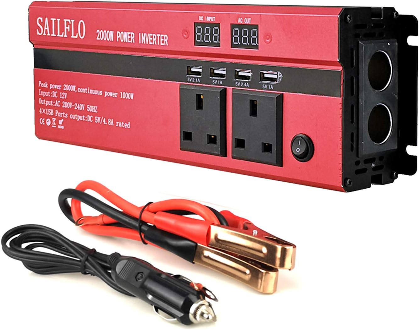 SAILFLO 2000W Inverter 12v to 230V 240V, 1000W Continuous Modified Sine Wave Converter with 5V 4 USB Charging ports, Dual Car Cigarette Lighter Adapter