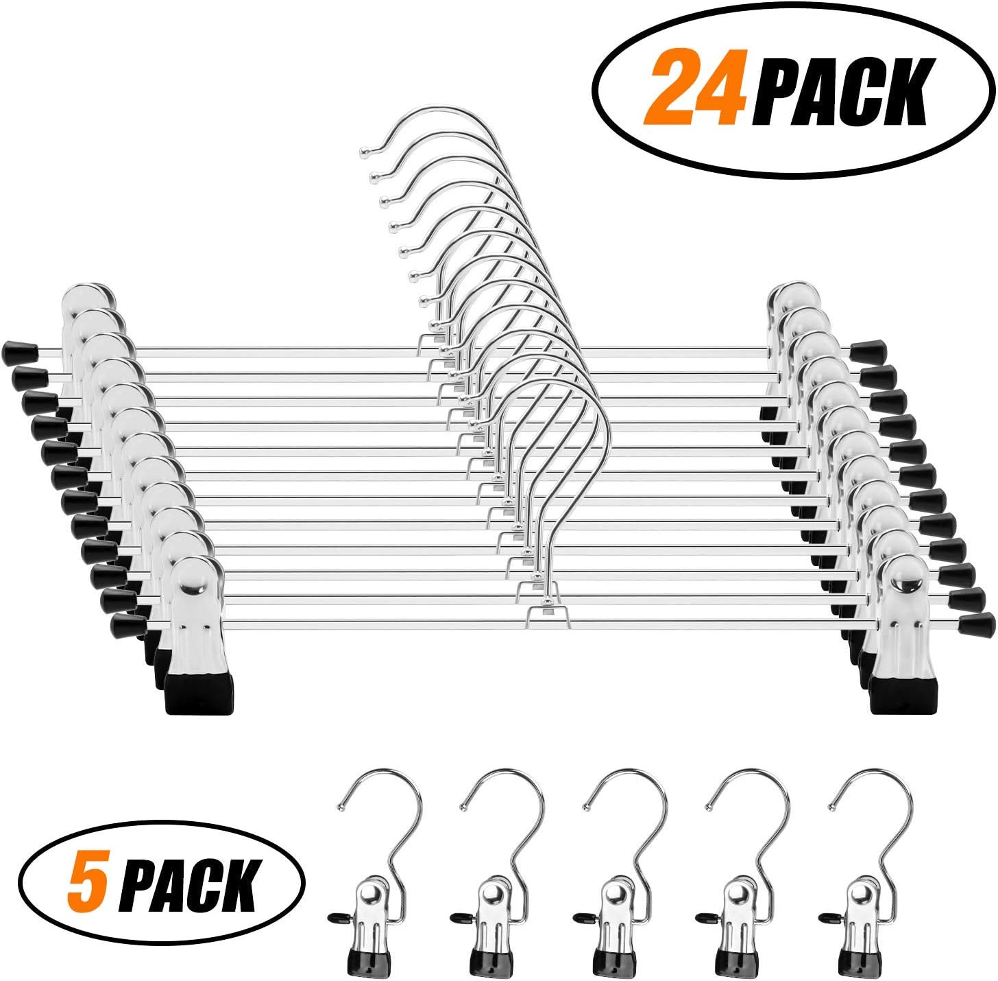 IEOKE Trouser hangers, Skirt hangers with Clips adjustment metal grip pant hangers for heavy duty durable space saving (24+5 Pack)
