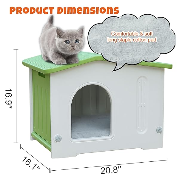 OUTDOOR CAT HOUSE WITH ESCAPE DOOR,FERAL CAT HOUSE WITH SELFWARMING MAT OUTDOOR CAT HOUSE WATWERPROOF LARGE CAT HOUSE FOR 1-2 CATS, ASSEMBLE EASILY-GREEN
