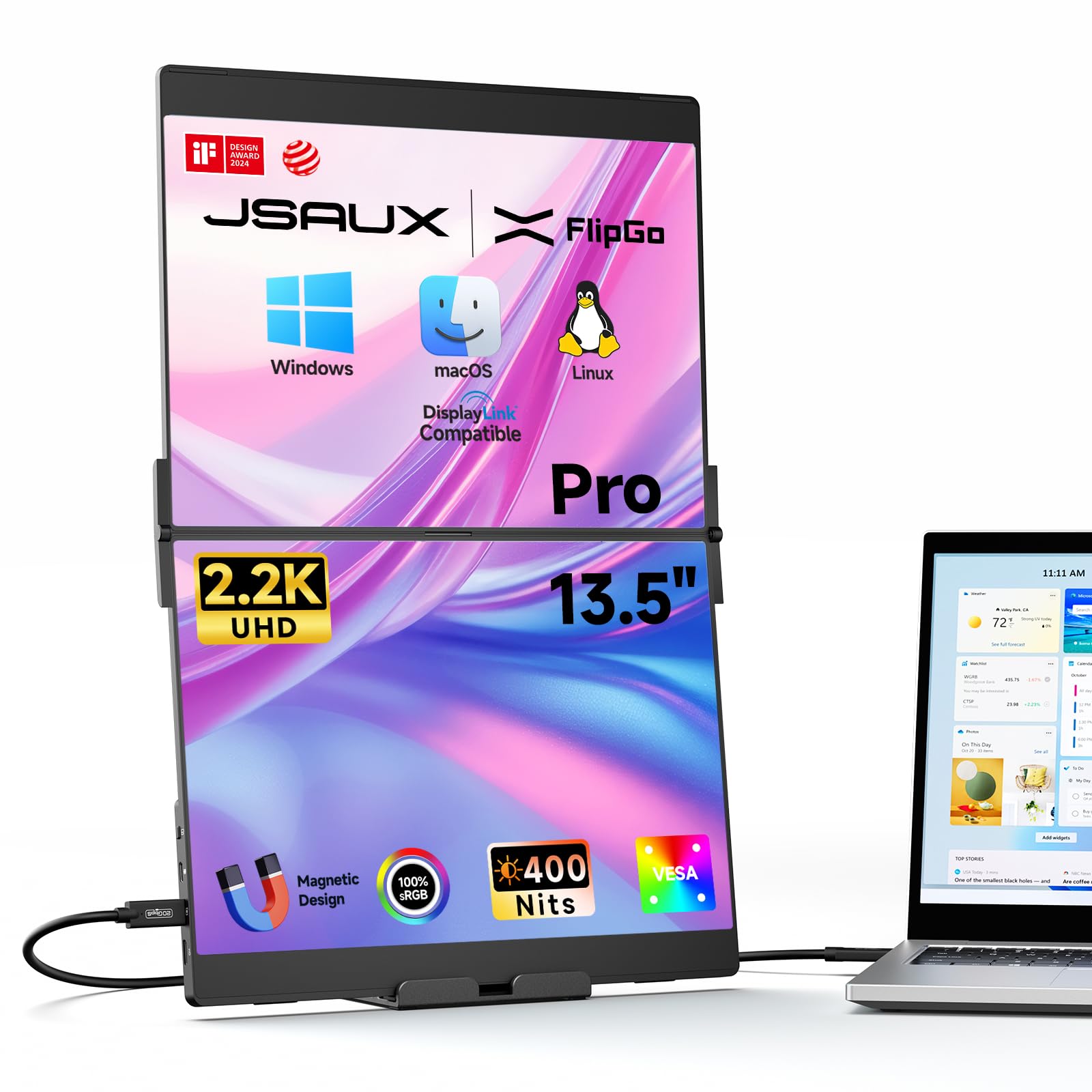 Photo 1 of JSAUX FlipGo Pro 13.5" Dual Portable Monitors, 2.2K Triple Laptop Screen Extender, Portable IPS Dual-Screen Monitor for Laptop[for Windows/Linux/macOS] One Cable to Dual/Magnetic Design/DisplayLink