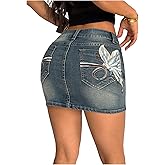 Milumia Women's Butterfly Embroidery Denim Mini Skirt Low Waist Bodycon Jean Skirt with Pockets