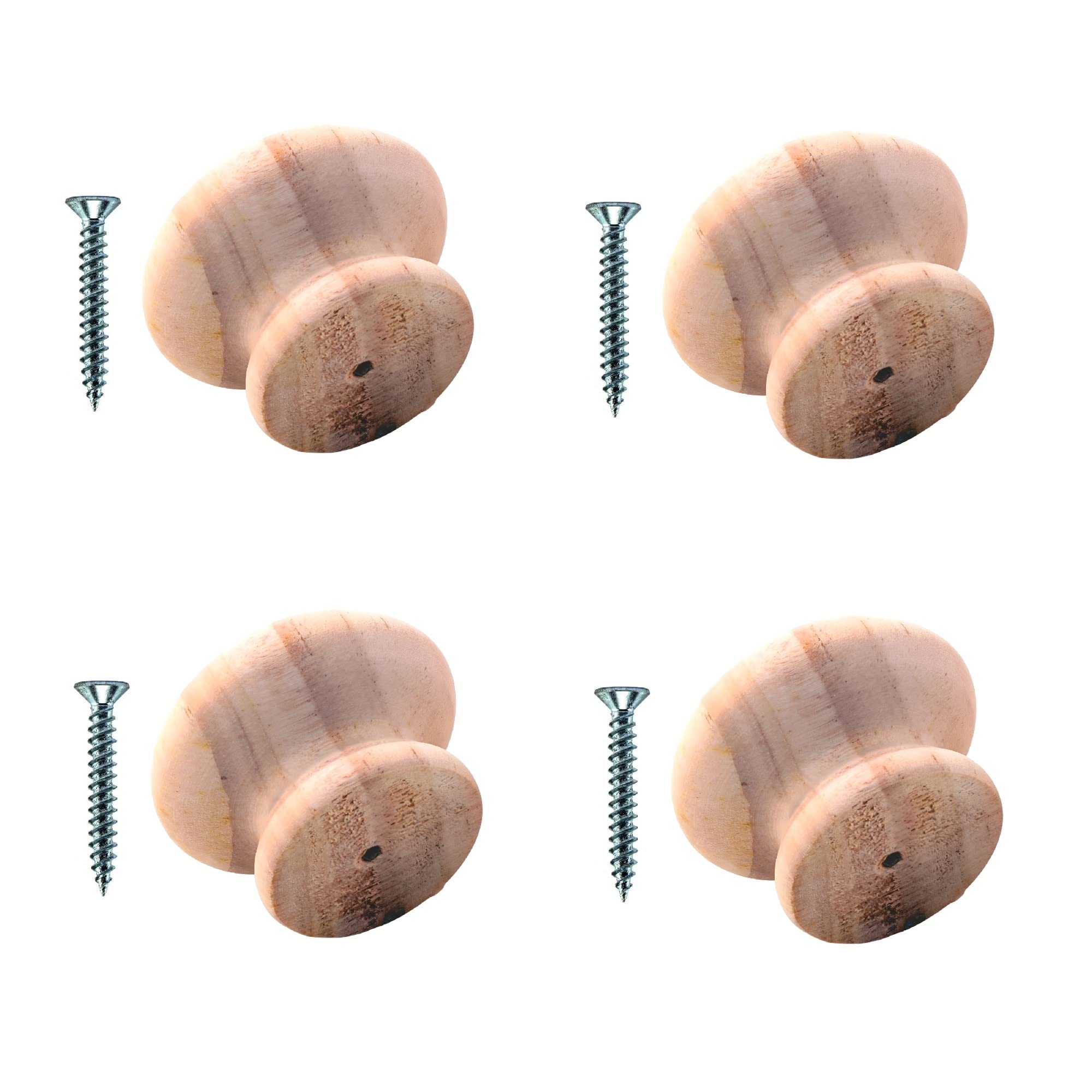 TERF® Traditional Unlacquered Pine Wooden Cupboard Cabinet Door Knob 60mm Drilled Wood Knob with Fixing for Chest Drawer Cupboard Kitchen Wardrobe Door Pull Handle Knobs - Pack of 4