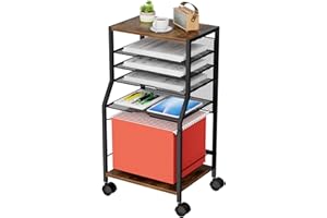 BOHDK Rolling File Cart, 6-Tier Under Desk Organizer on Lockable Wheels, Brown Wood Planks & Mesh File Cart with Hanging File Folders Rack and Paper Trays for Office Home, 14.7" L x 11.8" D x 27.5" H