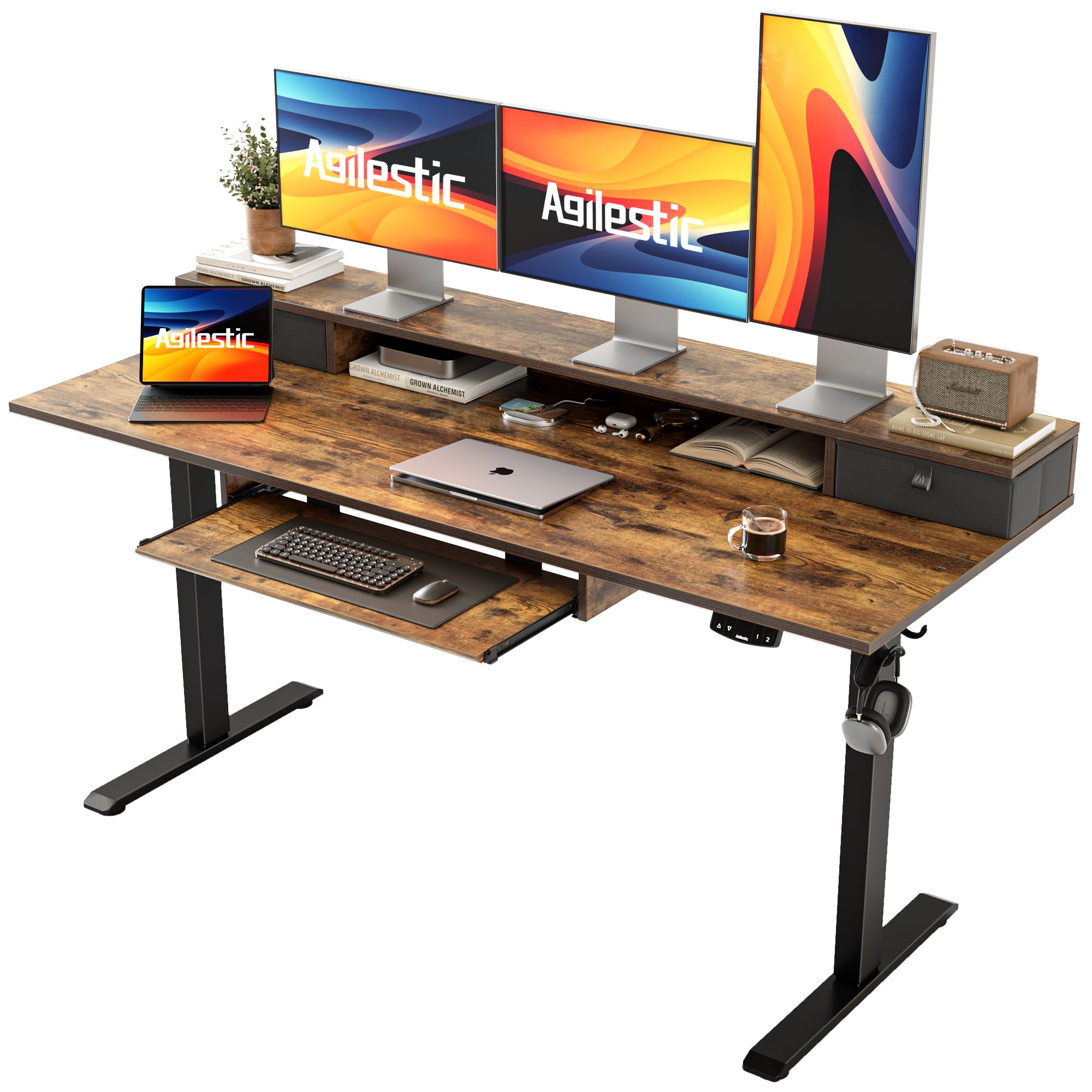 Photo 1 of Agilestic Electric Standing Desk with 2 Drawers and Keyboard Tray, 63 x 24 Inches Ergonomic Adjustable Height Desk with Storage, Sit Stand up Computer Workstation, Rustic Brown