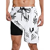 Fasker Mens Swim Trunks with Compression Liner 7" Inseam Quick Dry Bathing Suit Beach Shorts Swimming Trunks with Pockets, White Leaves, XL
