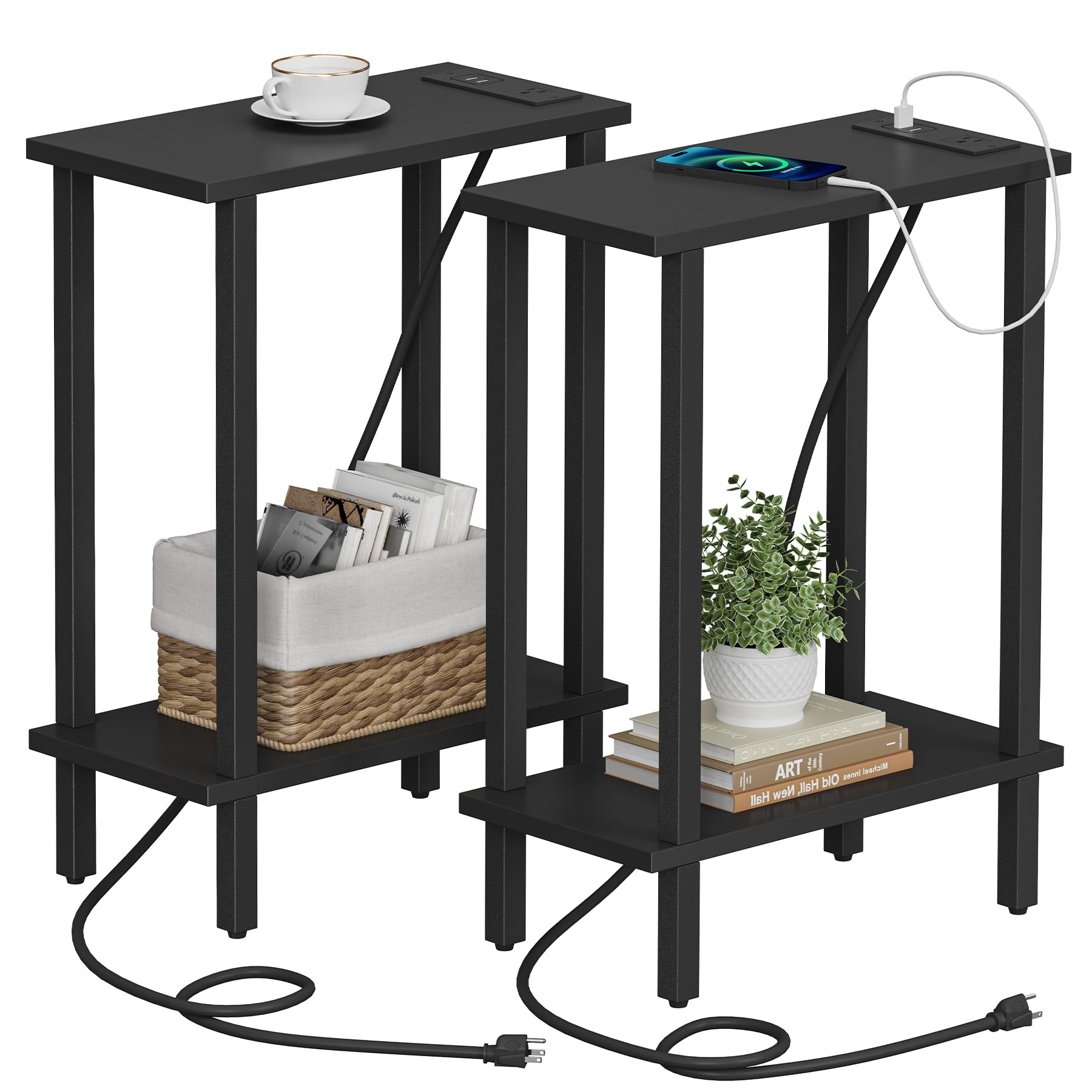 Photo 1 of TUTOTAK Small End Table with Charging Station, Narrow Side Table with USB Ports and Outlets, Set of 2, Skinny Sofa Table, Slim Nightstand, Living Room, Bed Room, Black TB01BK0602