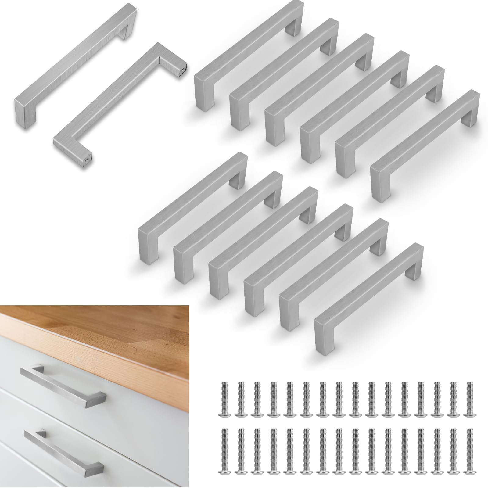 Flintronic 12PCS Brushed Stainless Steel Wardrobe Handles, 160 mm Square Bar Pull Handles for Kitchen and Cabinet Drawers