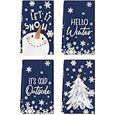 Artoid Mode Blue Cute Snowman Hello Winter Kitchen Towels Dish Towels, 18x26 Inch Farmhouse Holiday Snowflake Decoration Cleaning Set of 4