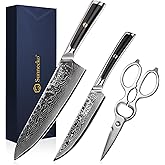 Sunnecko Damascus Kitchen Knife Set 3 Piece, Sharp Chef Knife Set with Kitchen Scissors, Professional Kitchen Knives Sets Full Tang with Gift Box