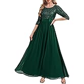 Ever-Pretty Women's Sequin Chiffon Formal Dresses A-Line Half Sleeves Maxi Evening Gown Mother of Bride Dress