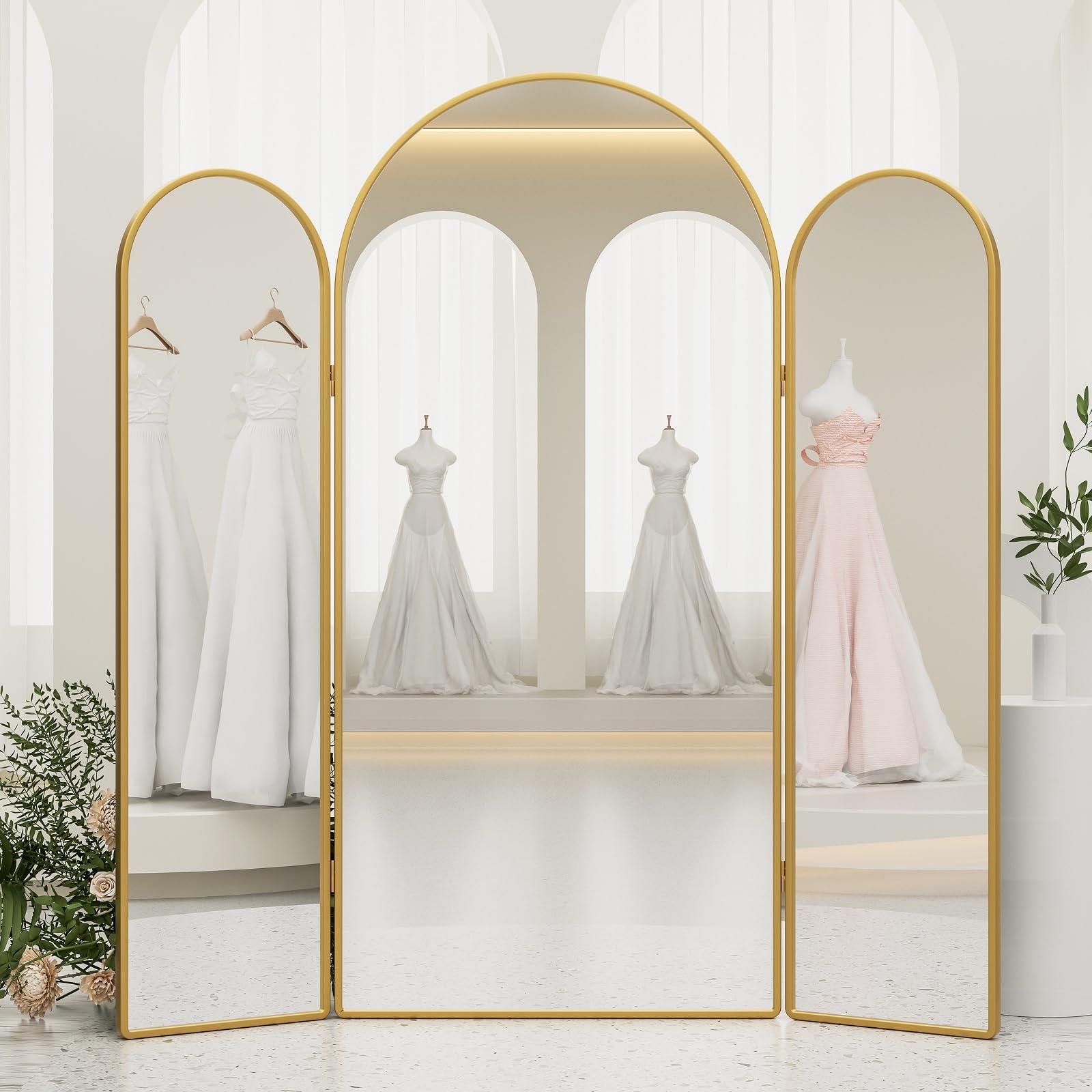 Photo 1 of Tmtourh 3 Way Arched Full Length Mirror Free Standing, 71"x 67" Large Modern Trifold Mirror, 3-in-1 Detachable Panel Tempered Glass & Metal Frame, for Dressing Room, Bridal Shop,Clothing Store (Gold)