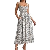 KUTUMAI Floral Corset Midi Dress Flowy Slit Summer Spring Wedding Guest Dresses for Women Sundress with Pockets