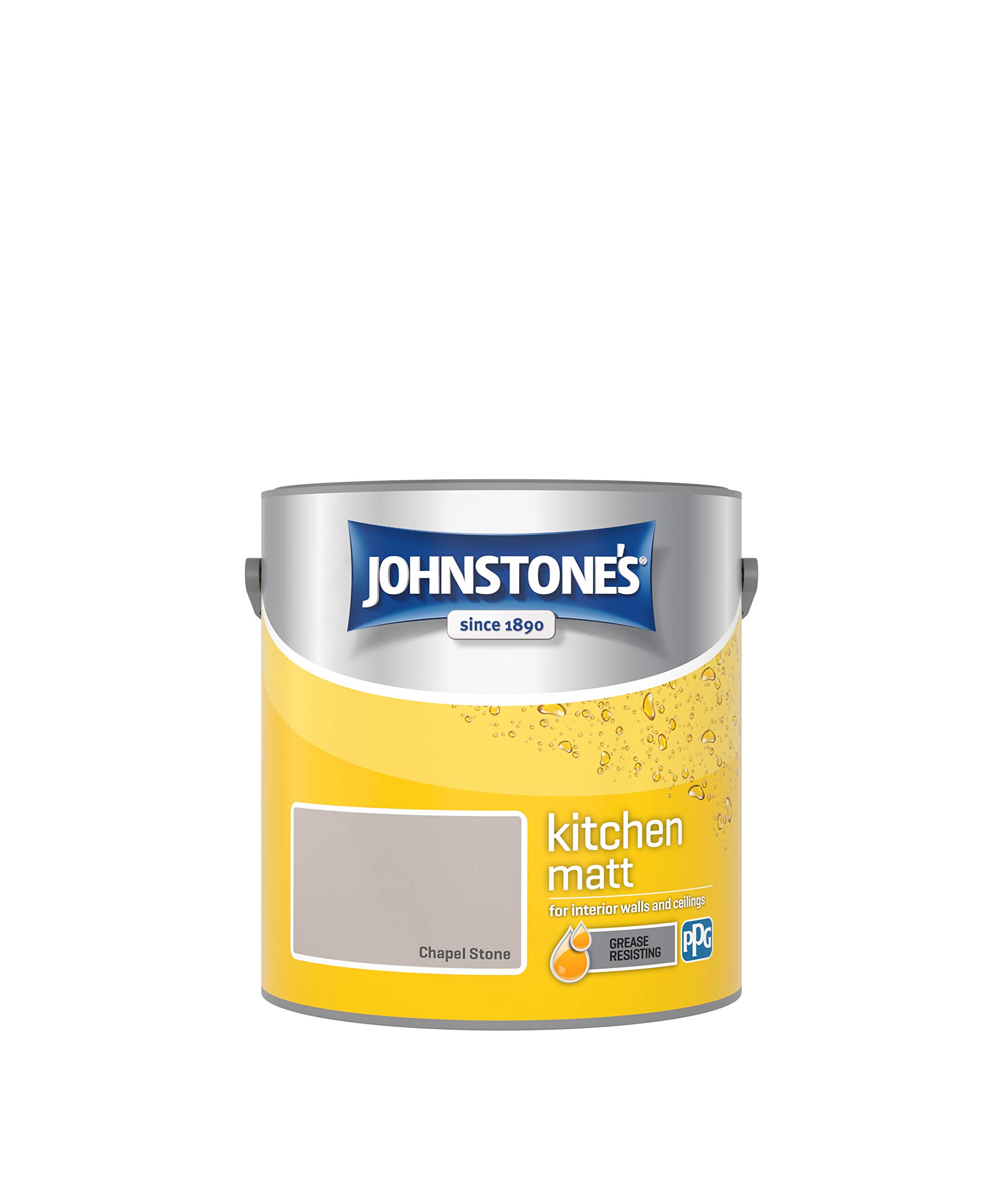 Johnstone's - Kitchen Paint - Chapel Stone - Matt Finish - Grease & Stain Resistant - Suitable for Kitchen Walls & Ceilings - Highly Durable - Low Odour - 12m2 Coverage per Litre - 2.5L