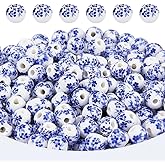 DICOSMETIC 240Pcs Round Ceramic Bead Blue Flower Bead 6mm Handmade Porcelain Spacer Beads Printed Flower Loose Beads for DIY Jewelry Making Necklace Bracelet, Hole: 2mm