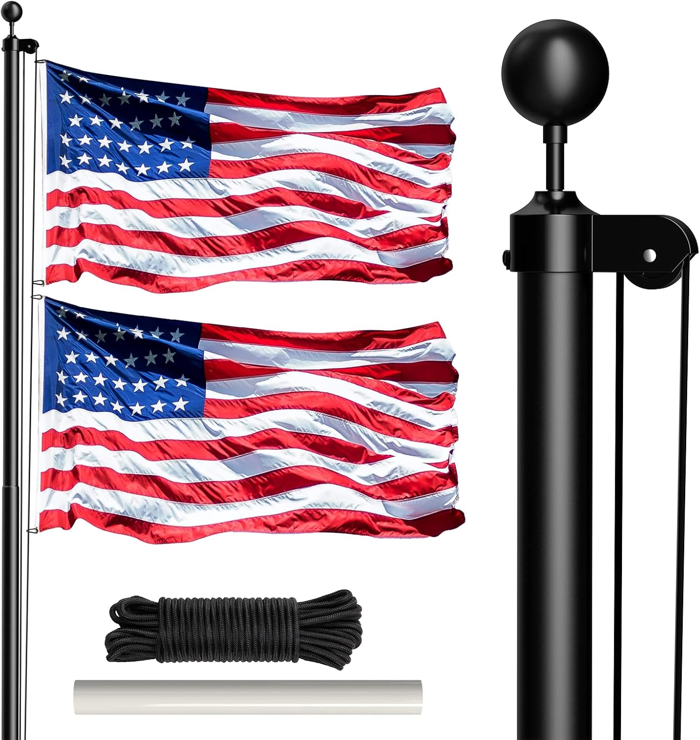 Flagpole Hardware - Flag Pole for Outside House In Ground - 25 FT Sectional Flagpole Kit Heavy Duty Extra Thick Aluminum Black Flag Pole with 3x5 American Flag for Yard Outdoor Residential