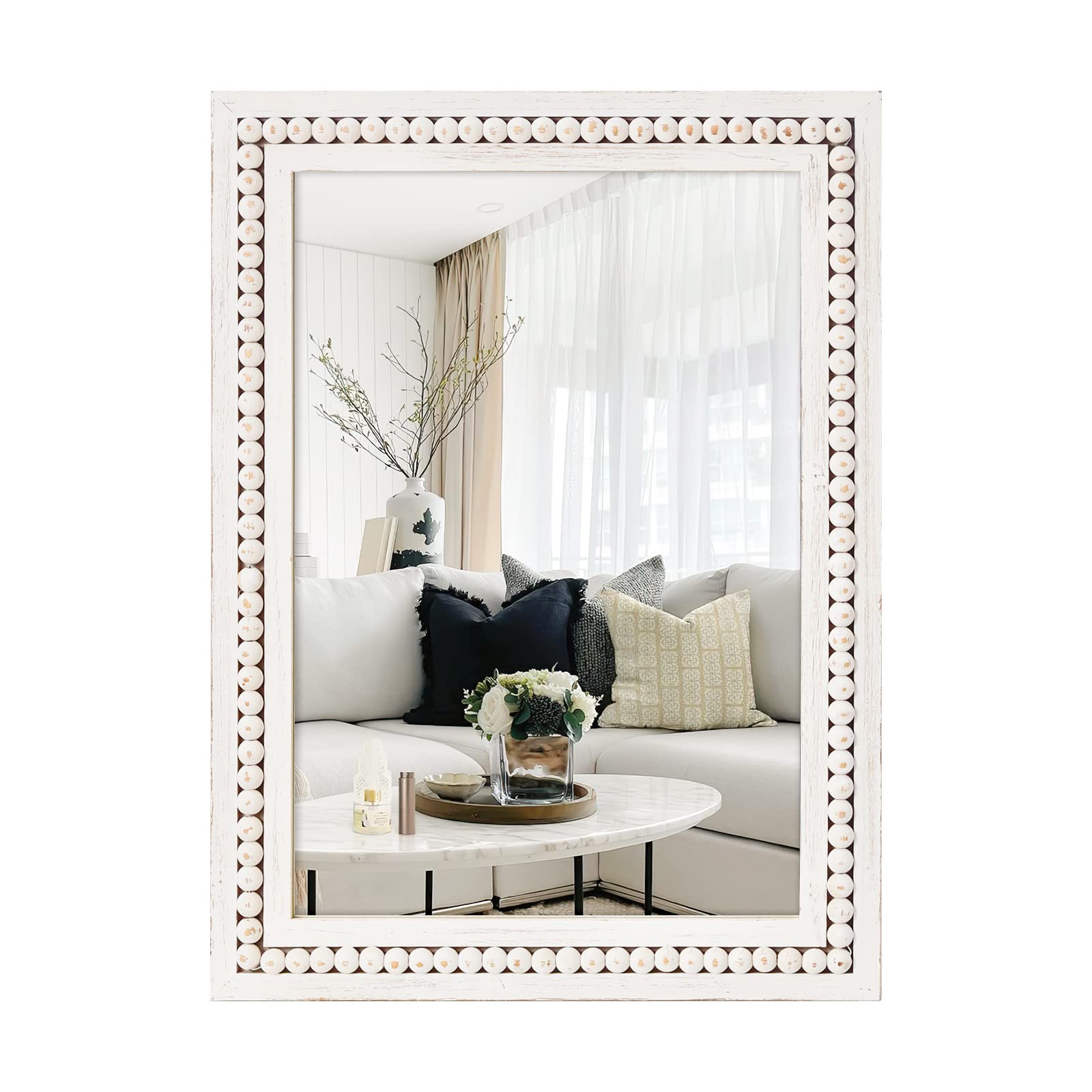 Photo 1 of ***STYLE DIFFERS FROM STOCK PHOTO SEE PICTURES*** H HOMEWINS Rustic Rectangle Mirror,22x30 Wooden Farmhouse Mirrors,Boho Bathroom Wall-Mounted White Beads Decor Mirror for Bedroom, Living Room,Vanity,Entryway,Over Sink
