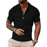 UOUA Men's Zipper Polo Shirts Short Sleeve Sweatshirts Soild Color Tops Striped Texture Casual Golf T