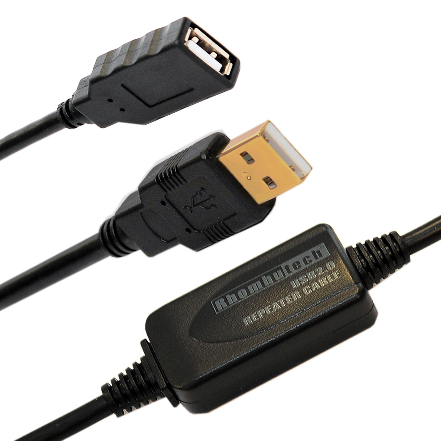 Rhombutech 10 metre USB 2.0 extension, active, signal amplifier, repeater, extension cable, A-plug to A-jack, data cable, connection cable, double shielded, gold-plated contacts Black AF-15 Meter