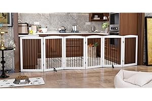 PUPETPO Freestanding Pet Gate for Dogs, Indoor Wooden Dog Gate for House, Extra Wide Dog gate, Foldable Dog Gate for Stairs, Doorways, Halls, Support Feet Included, 120 Inch Wide, 6 Panels 32", White