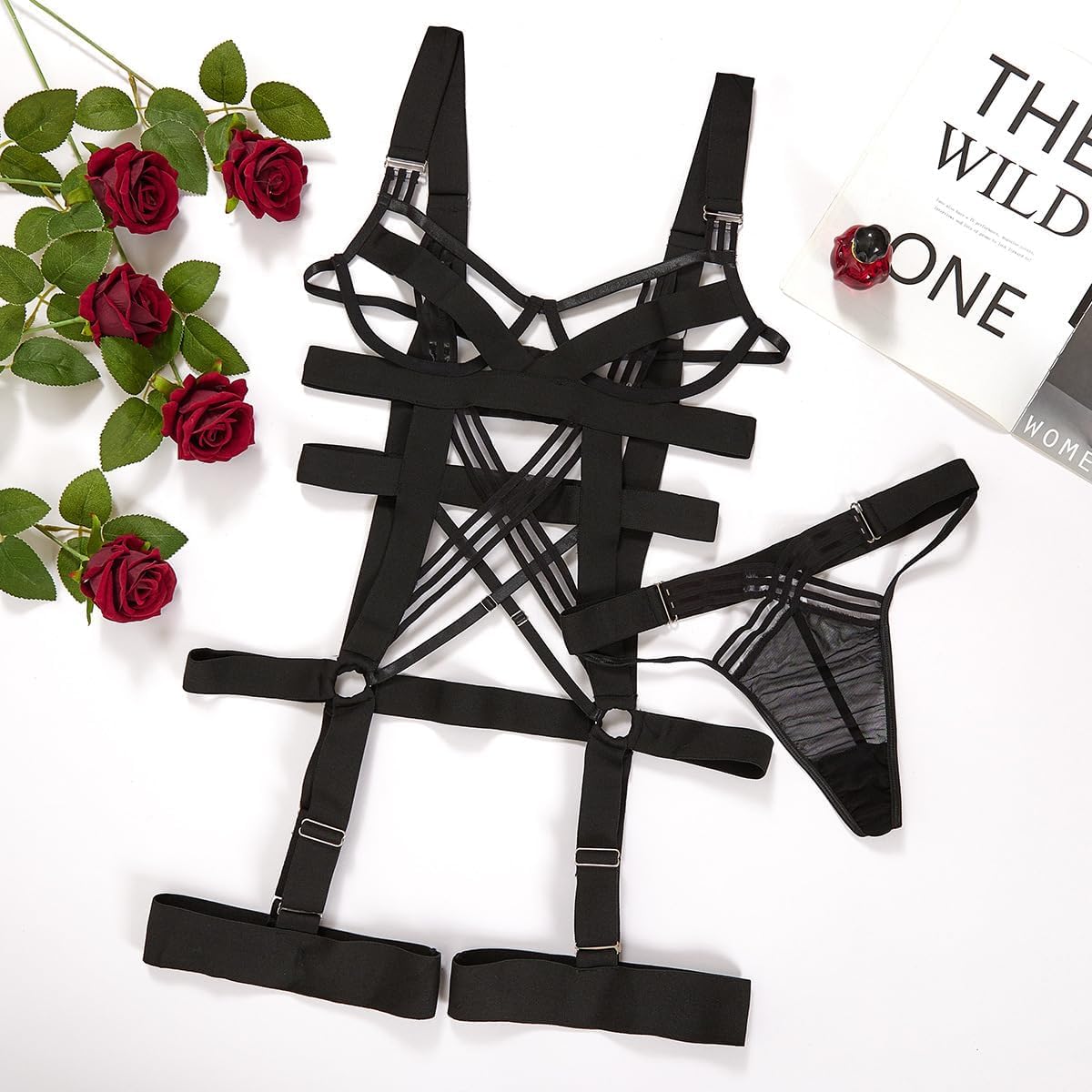 Lilosy Sexy Strappy Crisscross Cutout Underwire Garter Belt Lingerie Set Rave Outfits