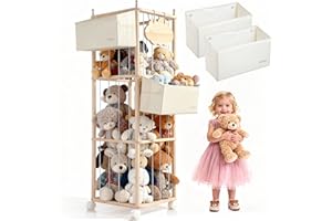 M MEEPO Stuffed Animal Storage & Organizer, with 2-Piece Large Detachable Toy Storage Bags, Wooden Tall Zoo Toys Storage with Wheels for Kids Playroom Kidroom Bedroom, Easy Assemble, 53 Inch