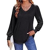 TICTICMISS Women's Pleated V Neck T Shirts Puff Long Sleeve Tops Casual Loose Fit Tunic Blouses