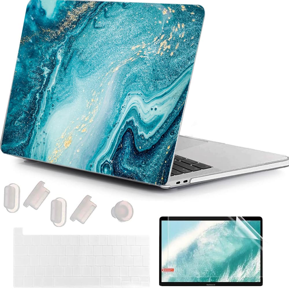 MUSHUI for MacBook Pro 13 inch Case 2023-2016 M2 M1 A2338 A2289 A2251 A2159 A1989 A1706 A1708 with/without Touch Bar, Protective Plastic Hard Shell Case Cover for Mac Pro, X89-Blue-Green Marble