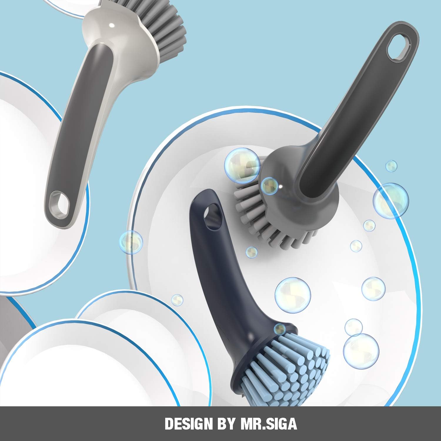 MR.SIGA Pot and Pan Cleaning Brush, Dish Brush for Kitchen Pack of 2, Black & Grey, 2 Packs - Image 4