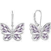 Starchenie Butterfly Earrings for Women 925 Sterling Silver Leverback Drop & Dangle Earrings Birthstone Butterfly Jewelry