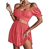 LYANER Women's 2 Piece Outfits Off Shoulder Tie Up Back Crop Top and Mini Skirt Set Coral Pink X-Small