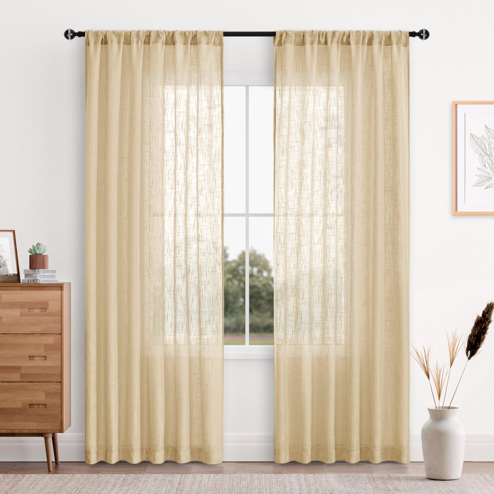 DWCN Faux Linen Beige Sheer Curtains - Rod Pocket Semi Voile Bedroom and Living Room Window Curtain Panels, Set of 2 Drapes, 52 x 84 Inches