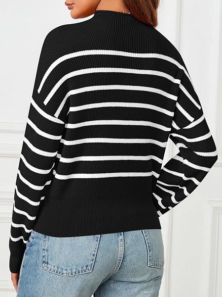 MEROKEETY WOMEN’S FALL LONG SLEEVE STRIPED PULLOVER SWEATERS 2024 TRENDY TURTLENECK CASUAL KNIT TOPS, BLACK, MEDIUM