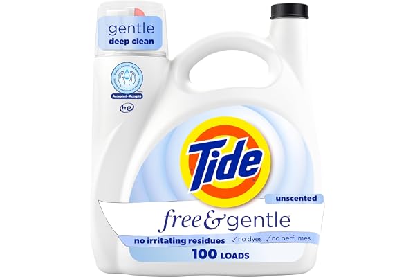 Tide Free & Gentle Liquid Laundry Detergent, Unscented, Hypoallergenic, Dermatologist Recommended for Sensitive Skin, 100 Loa