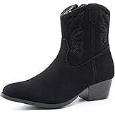 Dodow Womens Cowboy Cowgirl Boots Chunky Heel Pointed Toe Embroidered Short Western Ankle Booties