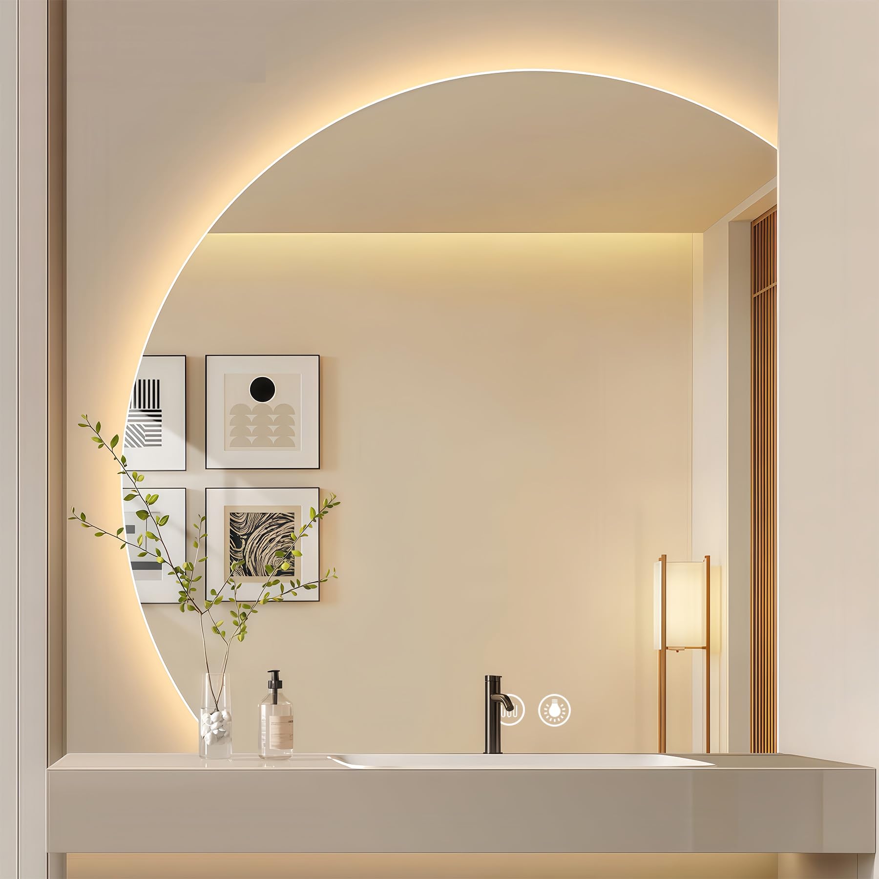 Photo 1 of 32 × 32 Led Mirror for Bathroom, Led Vanity Mirror with Backlit, Anti-Fog, Light Up Bathroom Mirror for Wall with Dimmable 3-Color Lights, Half Circle Smart, Tempered Glass, Shatter-Proof
