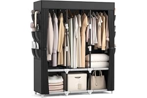 VTRIN Portable Closet Wardrobe for Hanging Clothes Closet with Cover, 3 Hanging rods, 6 Storage Shelves and Side Pocket, Diameter 19mm Metal Pipe, Sturdy Free Standing Closet for Bedroom, Black