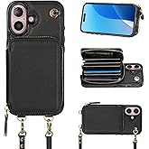 Bocasal Crossbody Wallet Case for iPhone 16, RFID Blocking Leather Purse Case with Card Holder, Protective Handbag Flip Cover with Zipper Wrist Strap Lanyard for Women 5G 6.1 Inch (Black)