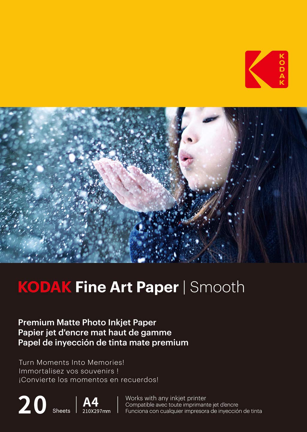 KODAK Fine Art Paper - Matte Photo Paper, Pack of 20 Sheets, 340g/m², A4 Size (21x29.7 cm), Inkjet Printing, Smooth Effect, Ideal for Preserving Your Memories