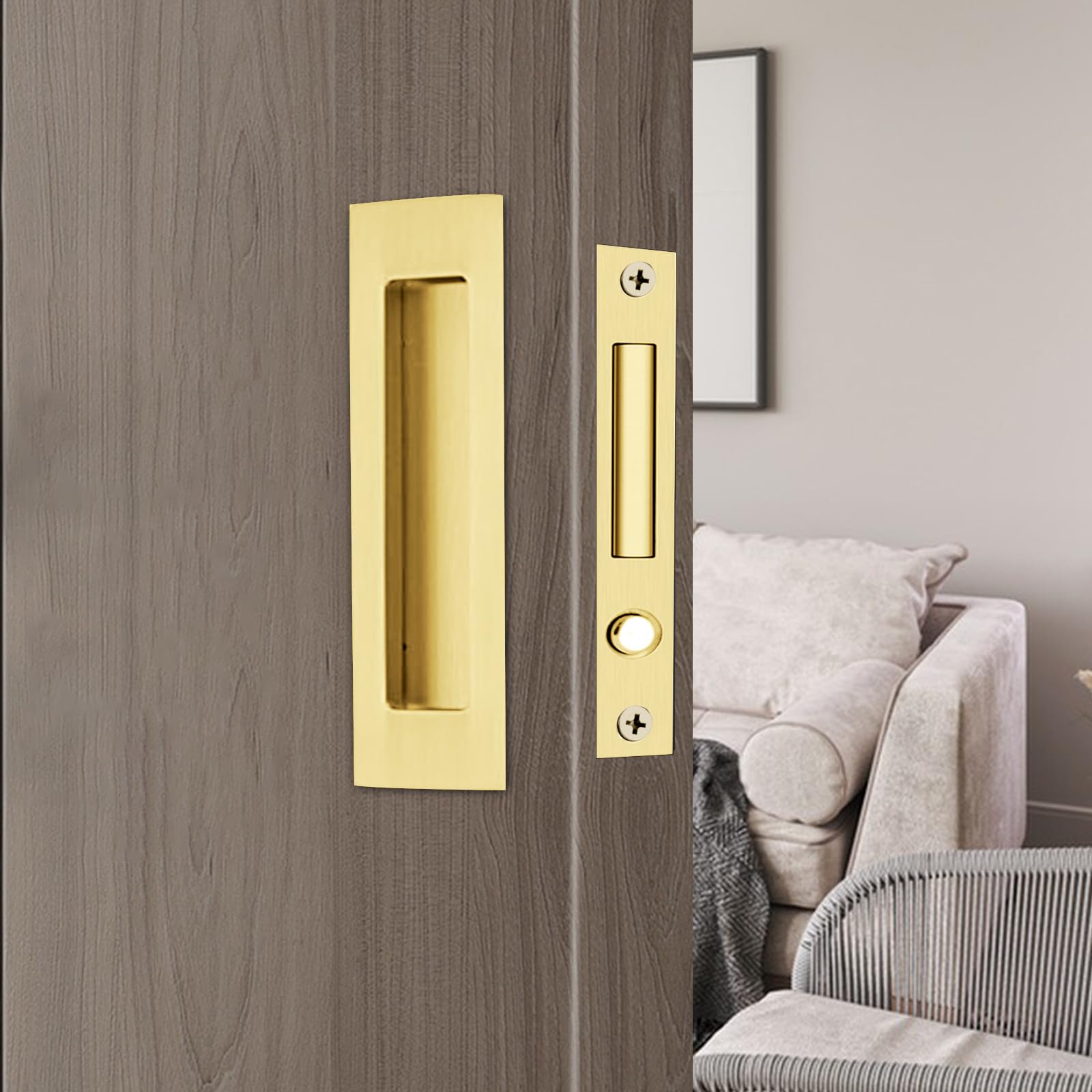 Photo 1 of Dontay Sliding Pocket Door Handles, 304 Stainless Steel Non Locking Pocket Door Hardware, Recessed Flush Finger Pulls, Heavy Duty Edge Pull with Pop Out Ring Pull (Satin Brass (2 Set), 4.72 inch)